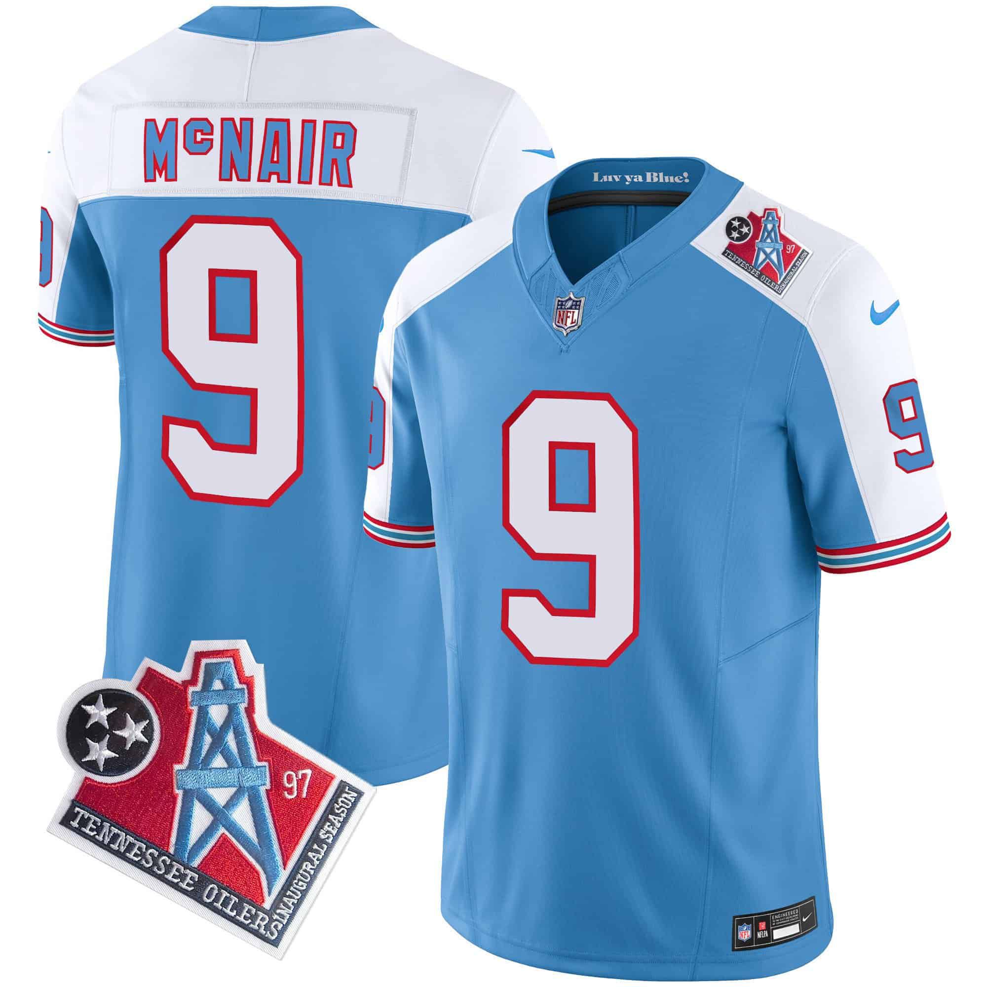 Men Tennessee Titans 9 Mcnair Light Blue 1997 Throwback 2024 Nike Limited Vapor NFL Jersey style 1